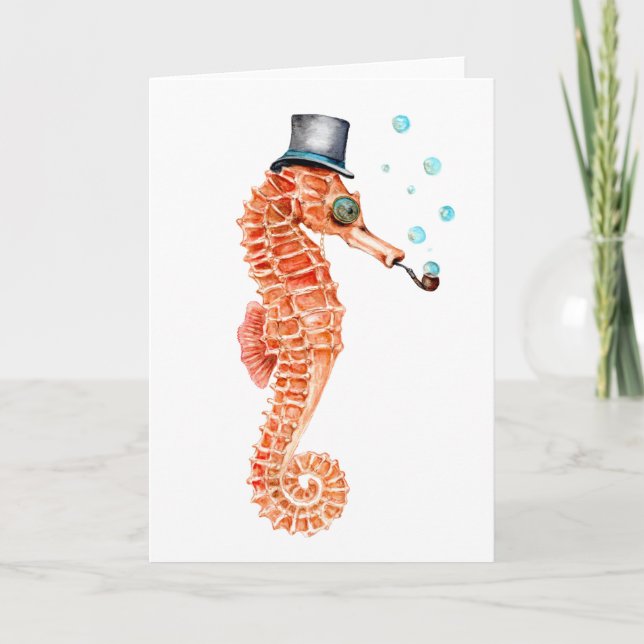 Tarjeta Festiva Seahorse Steampunk (Anverso)