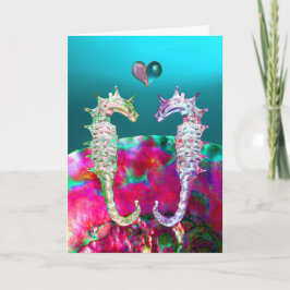 Tarjeta Festiva SEAHORSES EN EL AMOR, NACRE DE ROSA AZUL, El día d