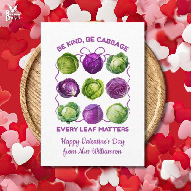 Tarjeta Festiva SEAMOS AMABLES COL RAYA Maestro de Clase Inclusivo (BE KIND, BE CABBAGE Class Valentine Inclusive Teacher card with personalized teacher name.)