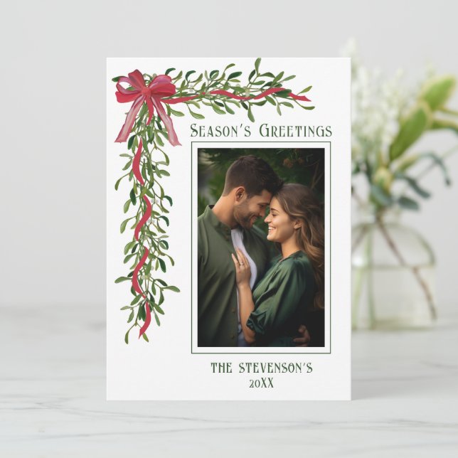 Tarjeta Festiva Season’s Greetings Mistletoe Photo Christmas (Anverso de pie)