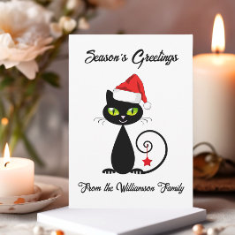 Tarjeta Festiva Seasons Greetings Black Santa Claus Navidades Cat