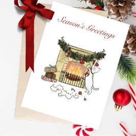 Tarjeta Festiva Season's Greetings Fireplace Cat Greeting Card