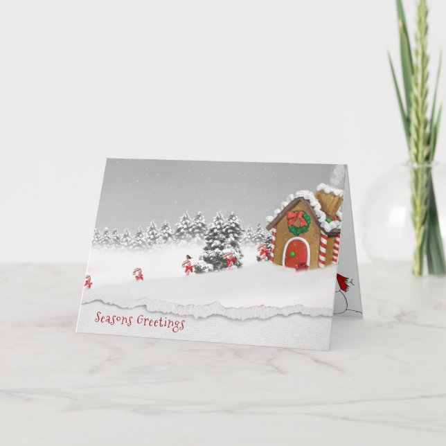 Tarjeta Festiva Seasons Greetings-gingerbread house en la nieve (Anverso)