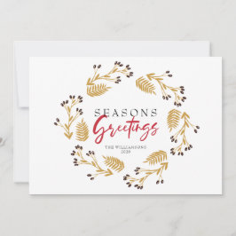Tarjeta Festiva Seasons Greetings Gold Holly Wreath Holiday Card