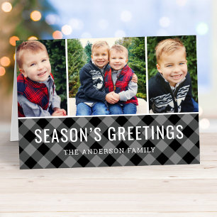 Tarjeta Festiva Seasons Greetings Gray Buffalo Plaid Collage de fo