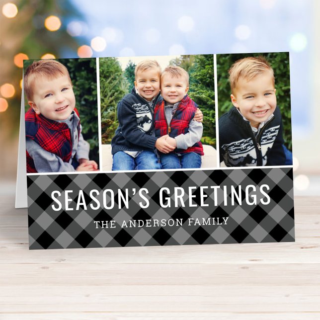 Tarjeta Festiva Seasons Greetings Gray Buffalo Plaid Collage de fo (Subido por el creador)