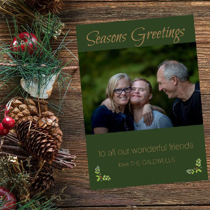 Tarjeta Festiva Seasons Greetings Green & Gold Photo Card