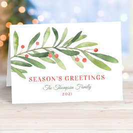 Tarjeta Festiva Seasons Greetings Green Red Winter Greenery