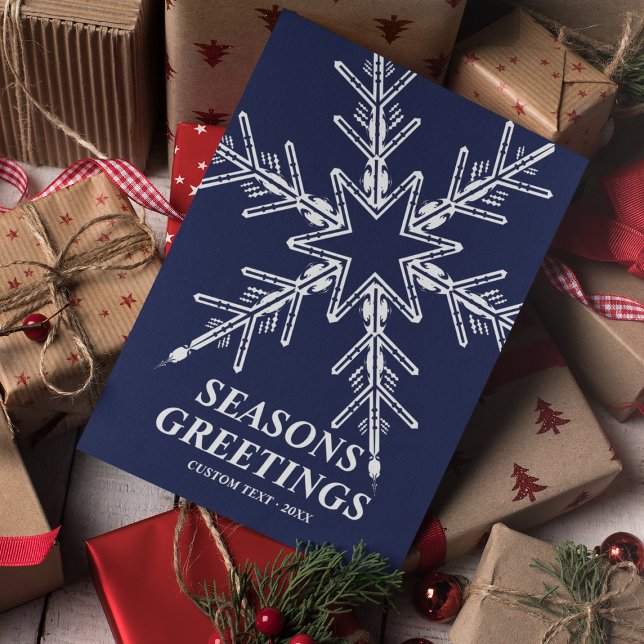 Tarjeta Festiva Seasons Greetings Moderna Marina De Copos De Nieve (Seasons Greetings Modern Snowflake Navy Blue Holiday Card
)