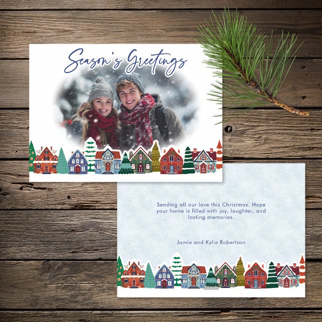 Tarjeta Festiva Season's Greetings Photo Boho Christmas Village (Season's Greetings Photo Boho Christmas Village Holiday Card)