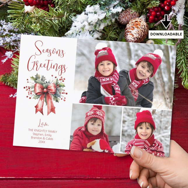 Tarjeta Festiva Seasons Greetings Red Bow 3 Photos Script (Subido por el creador)