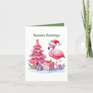 Tarjeta Festiva Seasons Greetings rosa flamingo personalizable