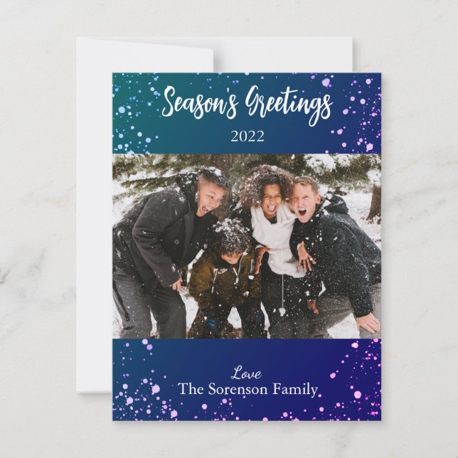 Tarjeta Festiva Seasons Greetings Snowowowy Foto Blue Purple White (Anverso)