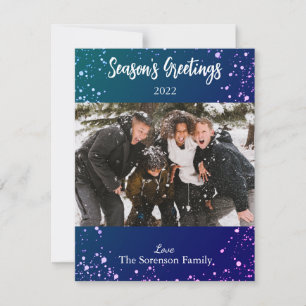 Tarjeta Festiva Seasons Greetings Snowowowy Foto Blue Purple White
