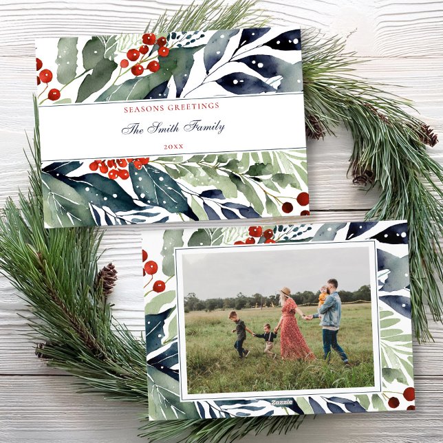 Tarjeta Festiva Seasons Greetings Watercolor Greenery Foto (Subido por el creador)