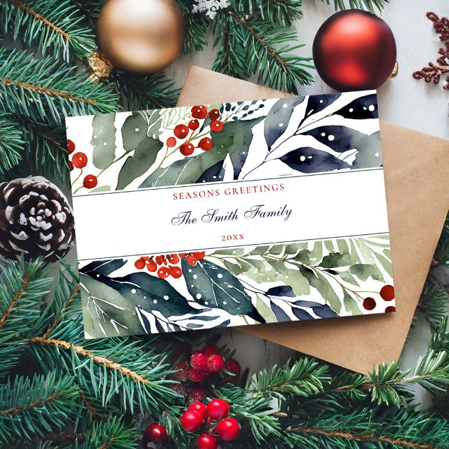 Tarjeta Festiva Seasons Greetings Watercolor Greenery Navidades (Subido por el creador)