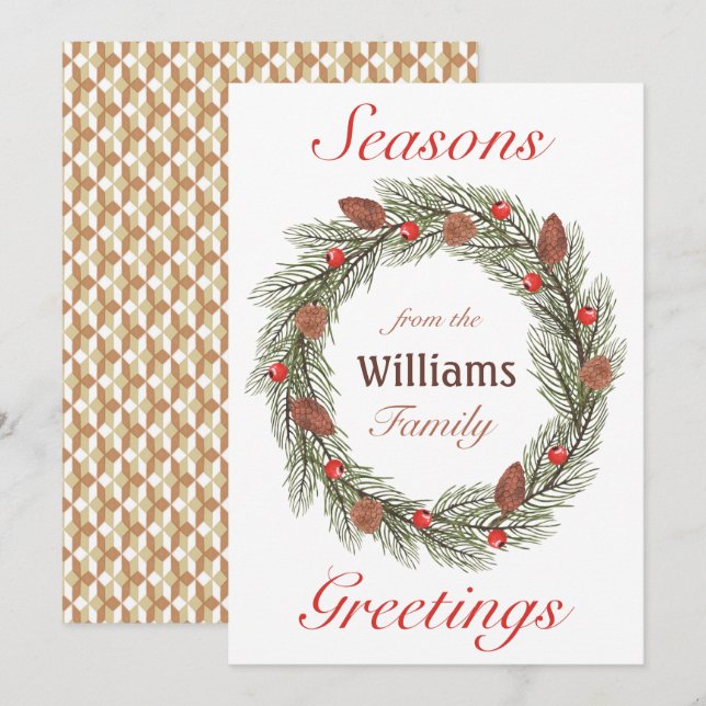 Tarjeta Festiva Seasons Greetings Watercolor Wreath Navidades (Anverso / Reverso)