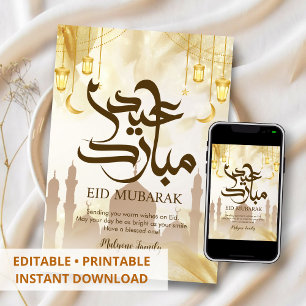 Tarjeta Festiva Seda de Oro de Lujo y Silueta de Mezquita Eid Muba