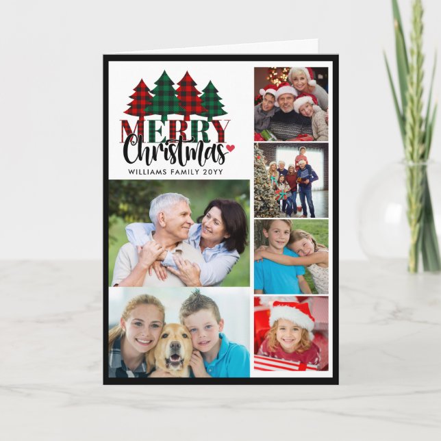 Tarjeta Festiva Seis nombres de familia colocados en fotos Feliz N (Anverso)