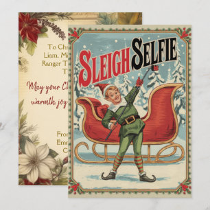 Tarjeta Festiva Selfie Personalizada de Trineo Divertida Vintage
