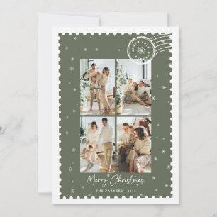 Tarjeta Festiva Sello de Collage de Fotos Navideñas Verdes