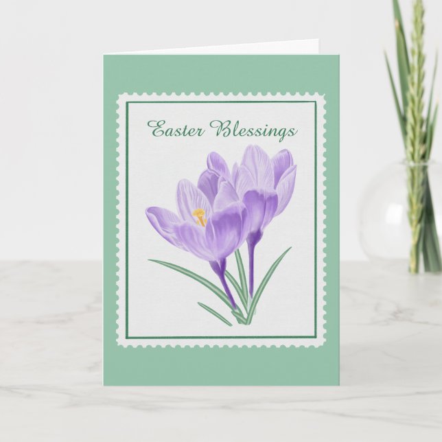 Tarjeta Festiva Sello de Pascua de Botánica de Aquarela Crocus (Anverso)