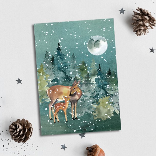 Tarjeta Festiva Selva de ciervos Doe and Fawn Nevada (Doe and Fawn Deer Forest Full Moon Snowfall Holiday Card)