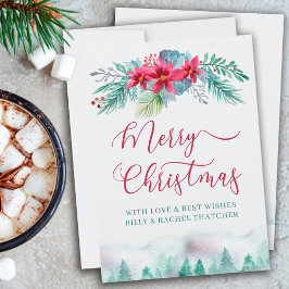Tarjeta Festiva Selva de invierno simple y acuarela de Poinsettia