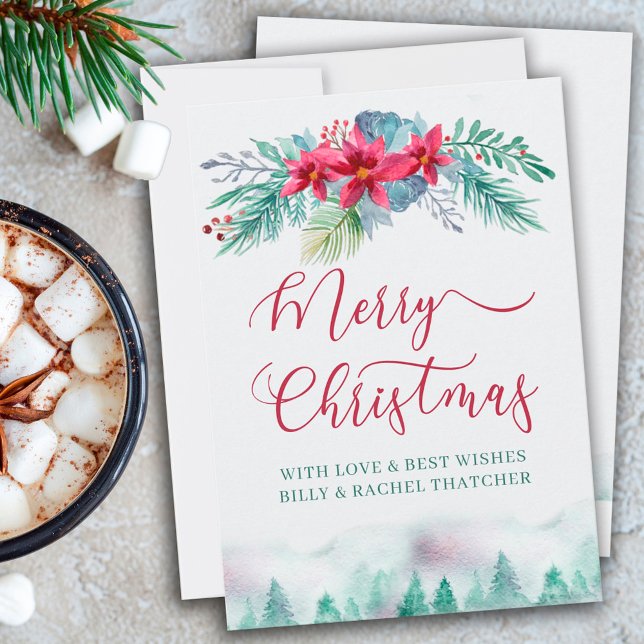 Tarjeta Festiva Selva de invierno simple y acuarela de Poinsettia (Subido por el creador)