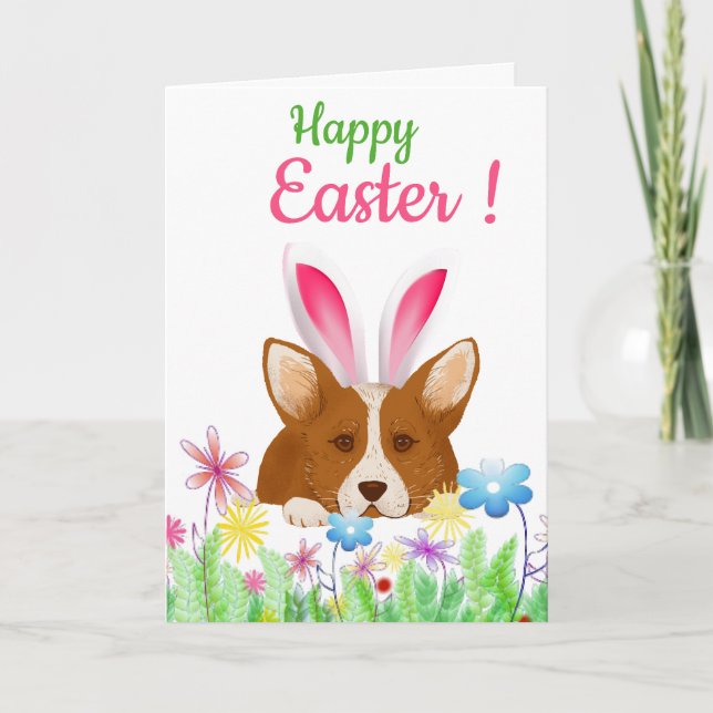 Tarjeta Festiva Semana Santa | Corgi con conejito de Pascua (Anverso)