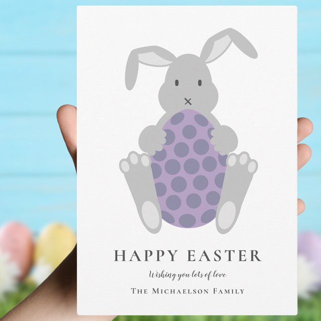 Tarjeta Festiva Semana Santa de los huevos y los conejitos moderno (Happy Easter cute bunny and spotty Easter egg simple family Easter greetings card)