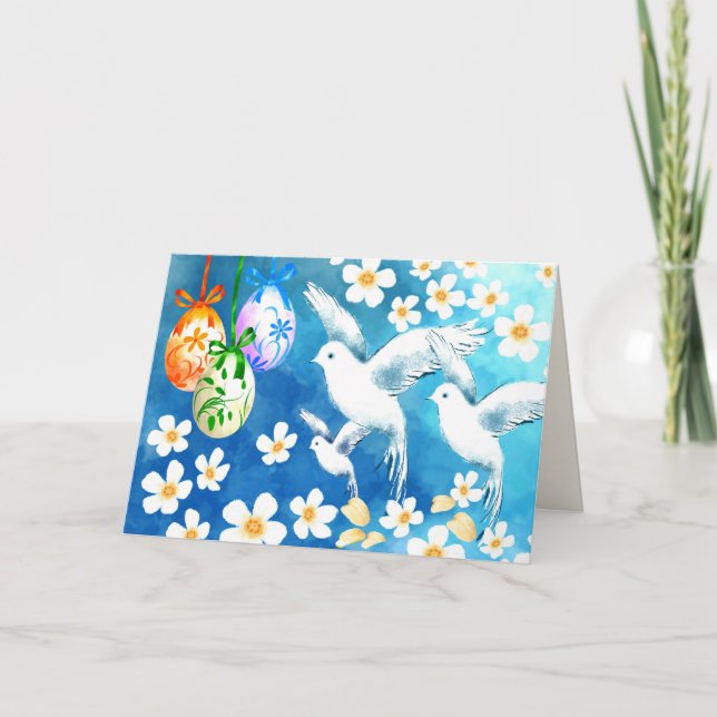 Tarjeta Festiva Semana Santa. Pintado de huevos y palomas de Pascu (Anverso)