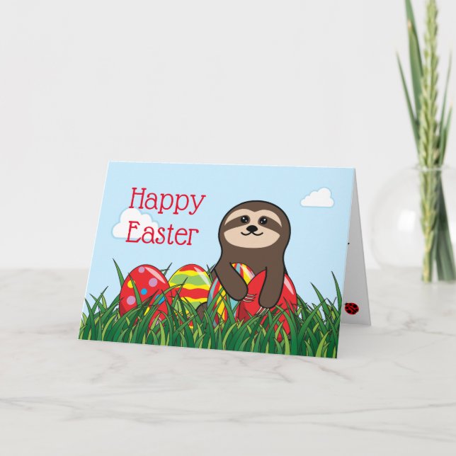 Tarjeta Festiva Semana Santa Sloth y Huevos Feliz Pascua (Anverso)