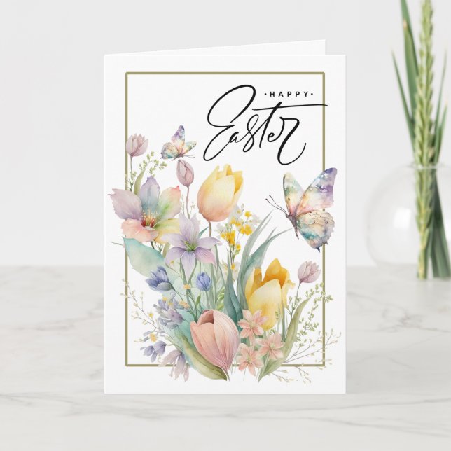 Tarjeta Festiva Semana Santa. Tulipanes acuarelas y mariposa (Anverso)
