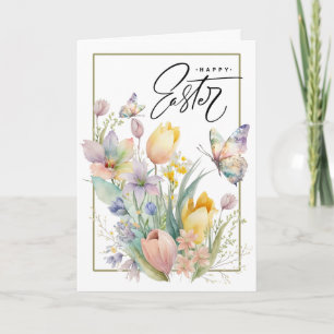 Tarjeta Festiva Semana Santa. Tulipanes acuarelas y mariposa