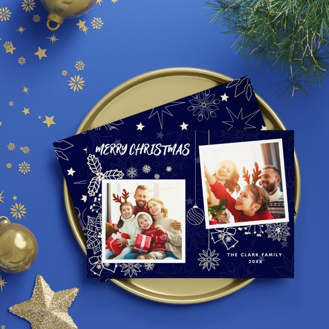 Tarjeta Festiva Sencilla elegancia Azul Oscuro 2 Familia de marcos (Simple Elegant Dark Blue 2 Photo Frames Family Holiday Card)