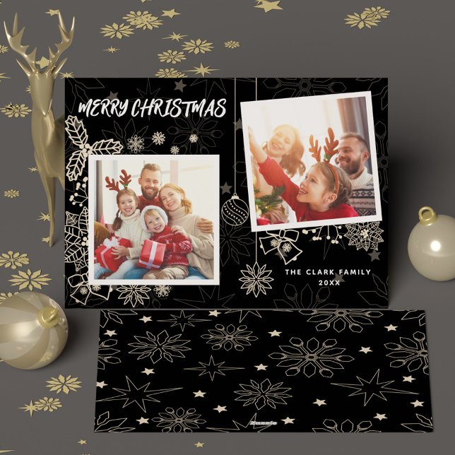 Tarjeta Festiva Sencilla elegancia de la familia de cuadros de fot (Simple Elegant Black 2 Photo Frames Family Holiday Card)