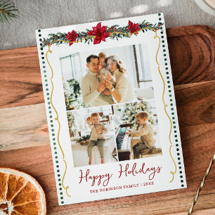 Tarjeta Festiva Sencilla vegetación Poinsettia Happy Holidays 3 Ph