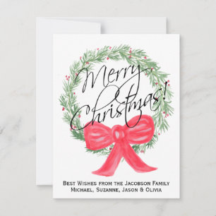 Tarjeta Festiva Sencilla y elegante acuarela Wreath Merry Christma