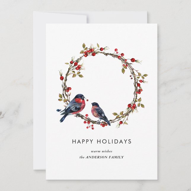 Tarjeta Festiva Sencilla y elegante Bird Holly Berry Wreath (Anverso)