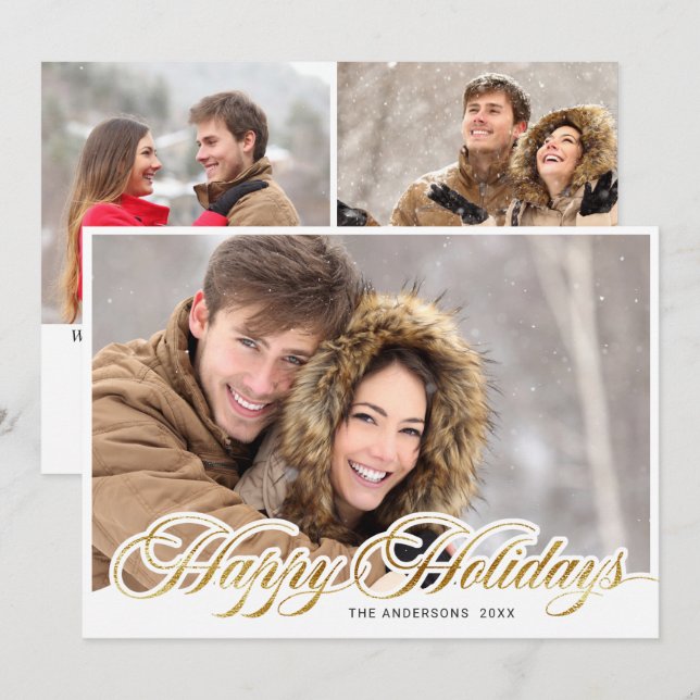 Tarjeta Festiva Sencillamente Elegantes Navidades 3 Fotos Saludos (Anverso / Reverso)