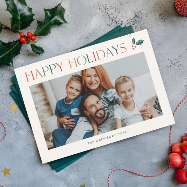 Tarjeta Festiva Sencillo 2 Fotos Coloroso Happy (Modern Colorful 2 Photo Happy Holidays Card.)