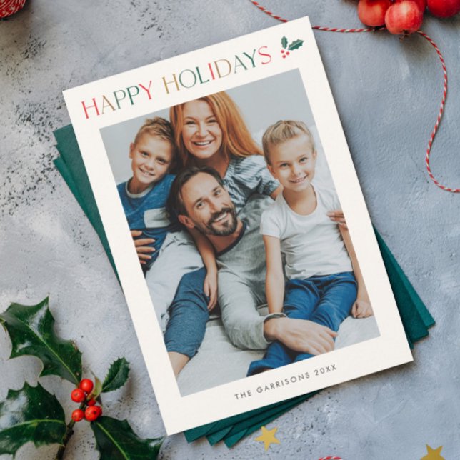 Tarjeta Festiva Sencillo 2 Fotos Coloroso Happy (Modern Colorful 2 Photo Happy Holidays Card.)