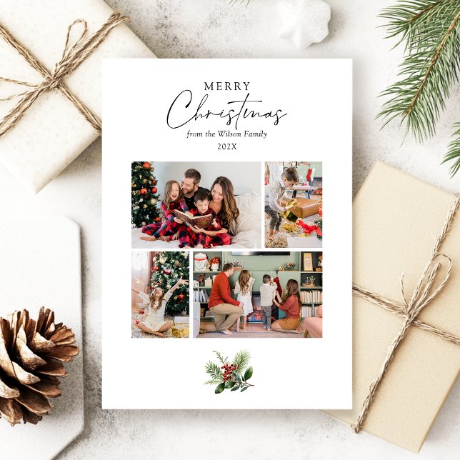 Tarjeta Festiva Sencillo blanco 4 Navidades de Collage de fotos ve (Elegant white photo collage holiday card with calligraphy text and pine leaves with berries motif.)