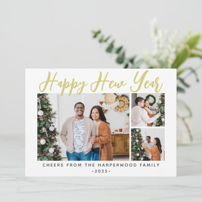 Tarjeta Festiva Sencillo elegante moderno Feliz Año Nuevo Seis Fot (Anverso de pie)