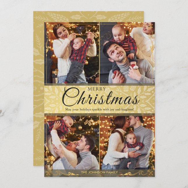 Tarjeta Festiva Sencillo marco dorado 4 Navidades de fotografía (Anverso / Reverso)