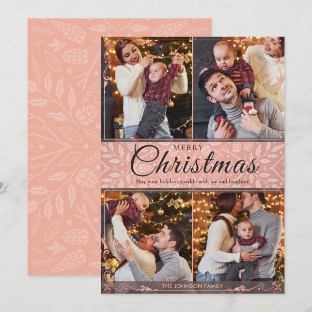 Tarjeta Festiva Sencillo marco rosa elegante 4 Navidades de fotos (Anverso / Reverso)