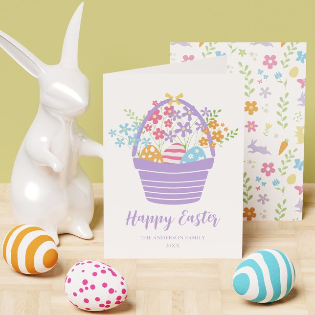 Tarjeta Festiva Sencillo Pastel Floral de la Cesta de Pascua (Simple Colorful Floral Easter Basket Pastel Holiday Card)