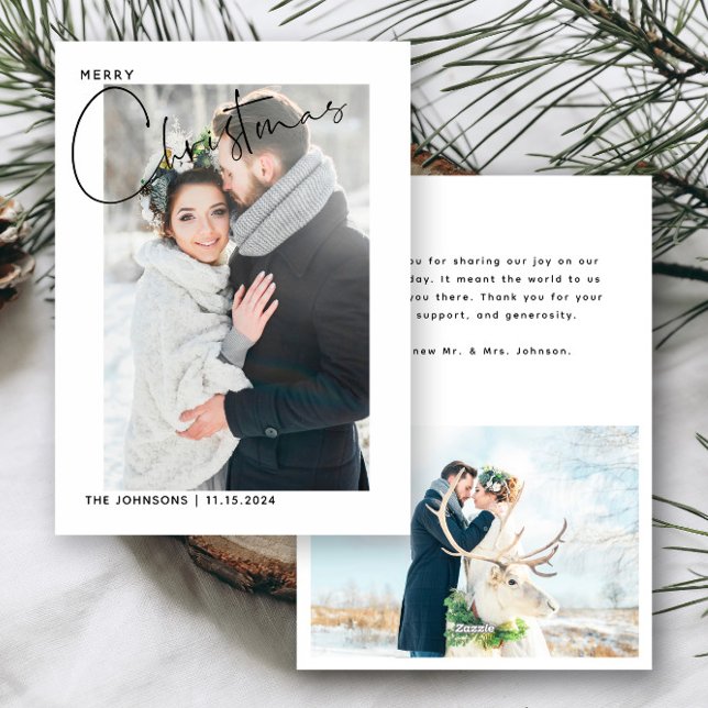 Tarjeta Festiva Sencillo primer Navidades Boda Foto Gracias (Easily personalize this holiday wedding thank you card with 2 wedding photos and your deets!)