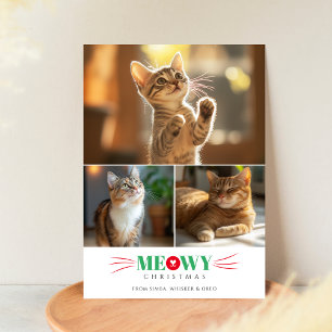 Tarjeta Festiva Sencillos 3 fotos Navidades de Meowy verdes rojos 